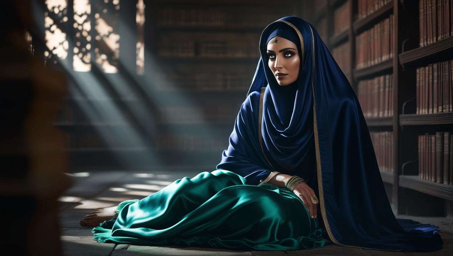 A woman in a deep blue veil sitting quietly in a sunlit library