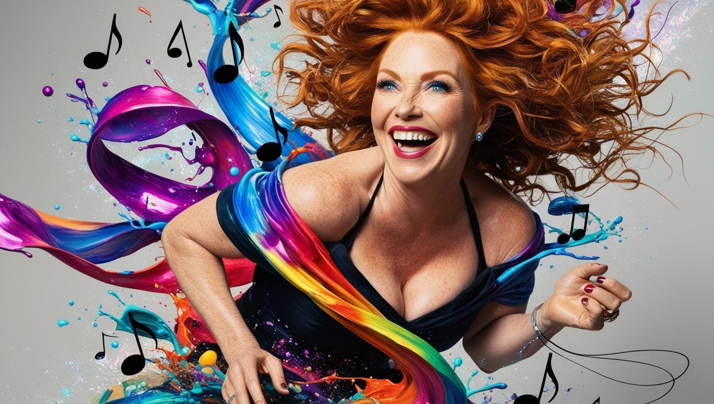 A laughing red-haired woman surrounded by swirling color and music notes