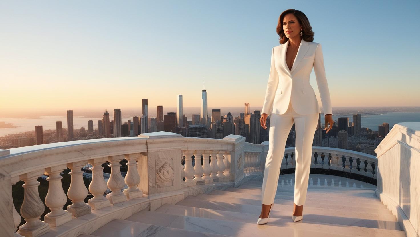 A confident woman in a white suit on a terrace above a city skyline