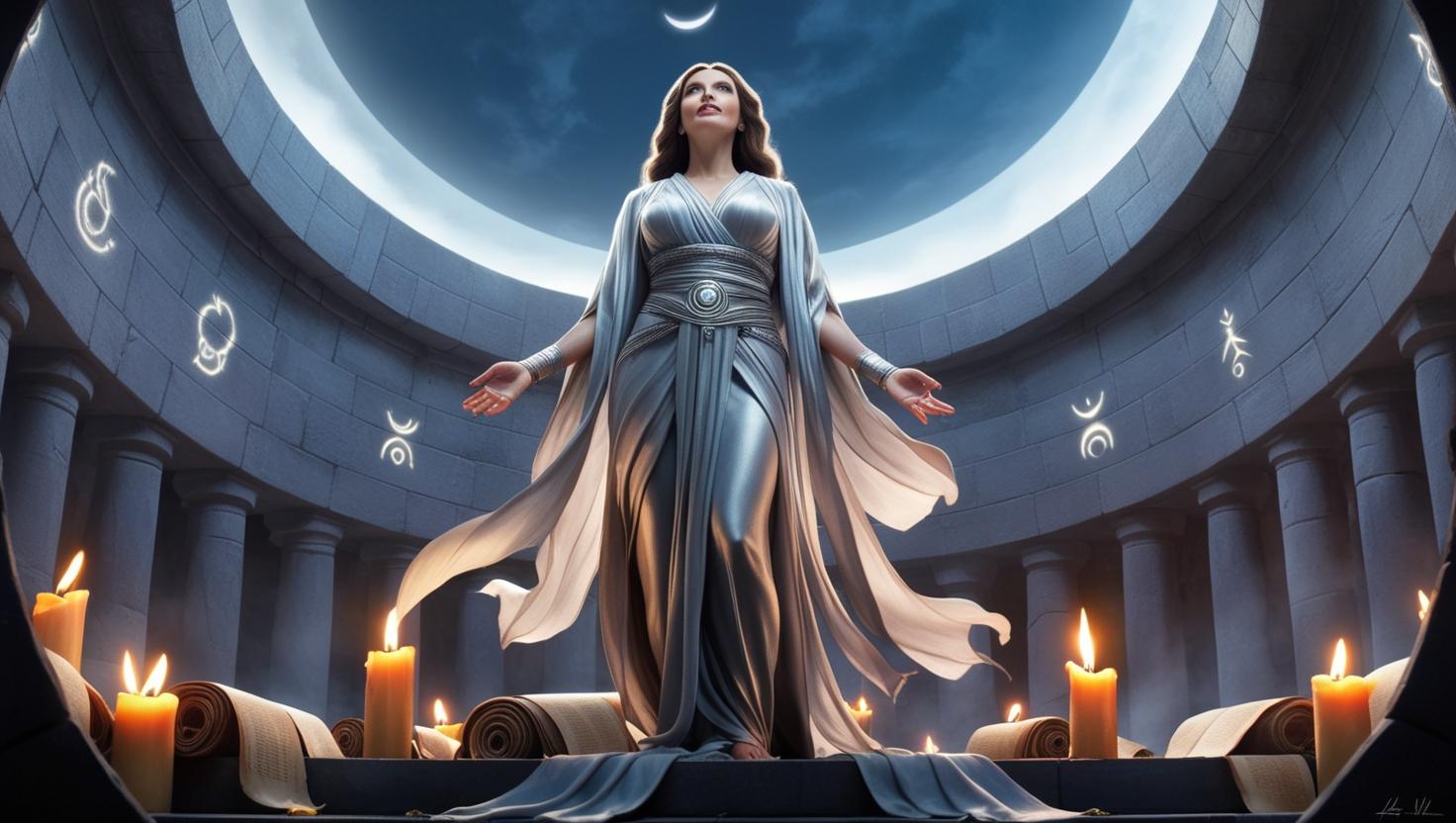 A woman in flowing robes in a candlelit domed temple under the moon